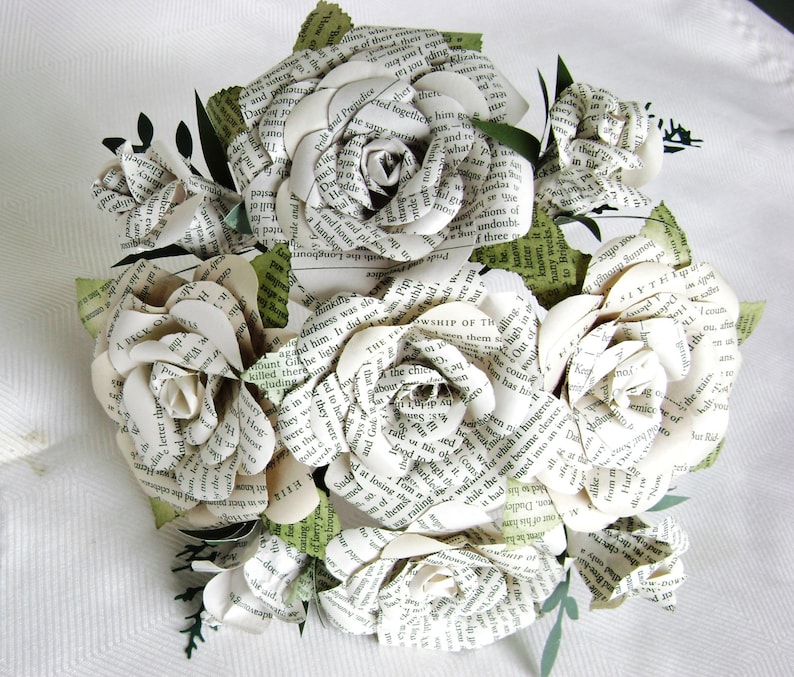buds and blooms book page bouquet with leaves wedding bride bridesmaid toss centerpiece recycled paper flowers image 5