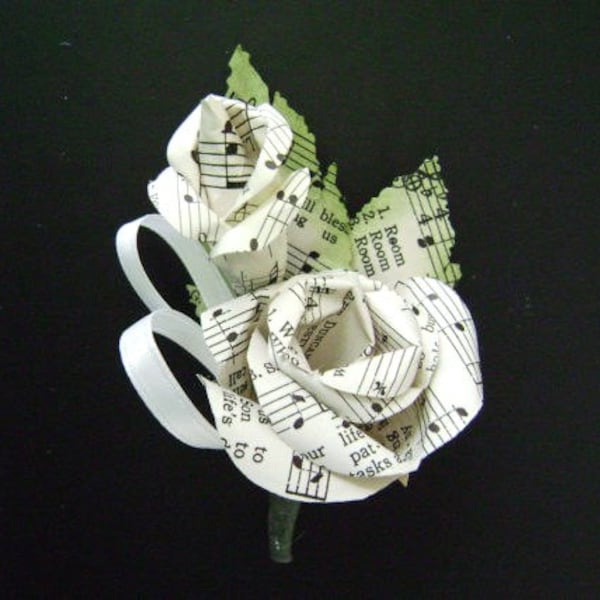 vintage sheet music hymnal paper rose and bud wedding  boutonniere buttonhole for groom or groomsmen