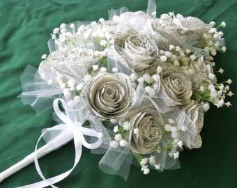 The Klacie with tulle and ribbon paper flower bridal bouquet spiral rose baby's breath