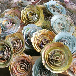 25 spiral 2" paper map roses flowers on stems made from vintage atlas recycled book pages wedding decorations ready to ship