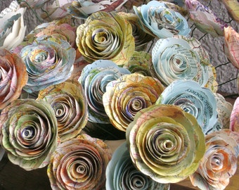 25 spiral 2" paper map roses flowers on stems made from vintage atlas recycled book pages wedding decorations ready to ship