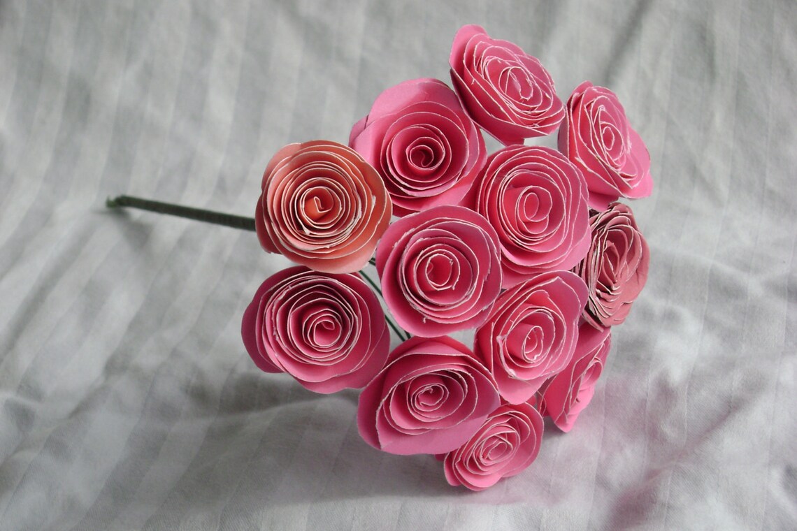 Pink Roses Roll One Dozen Small Pink Spiral Rolled Paper Roses Bouquet Made | Etsy