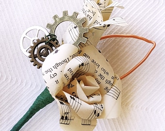sheet music steampunk gears geek industrial wedding boutonniere buttonhole