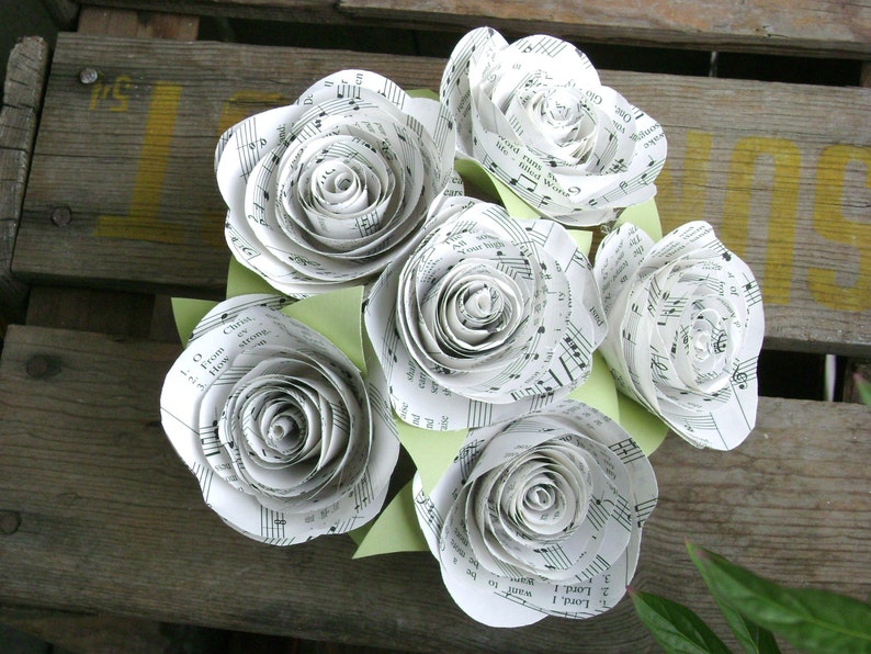 The Stephanie Jr hymnal sheet music bouquet with 3 spiral cabbage roses and leaves image 4