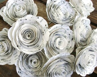 one dozen 12 vintage 2 inch hymnal sheet music spiral paper roses for bouquet weddings and farmhouse home decor  Valentines  ready to ship