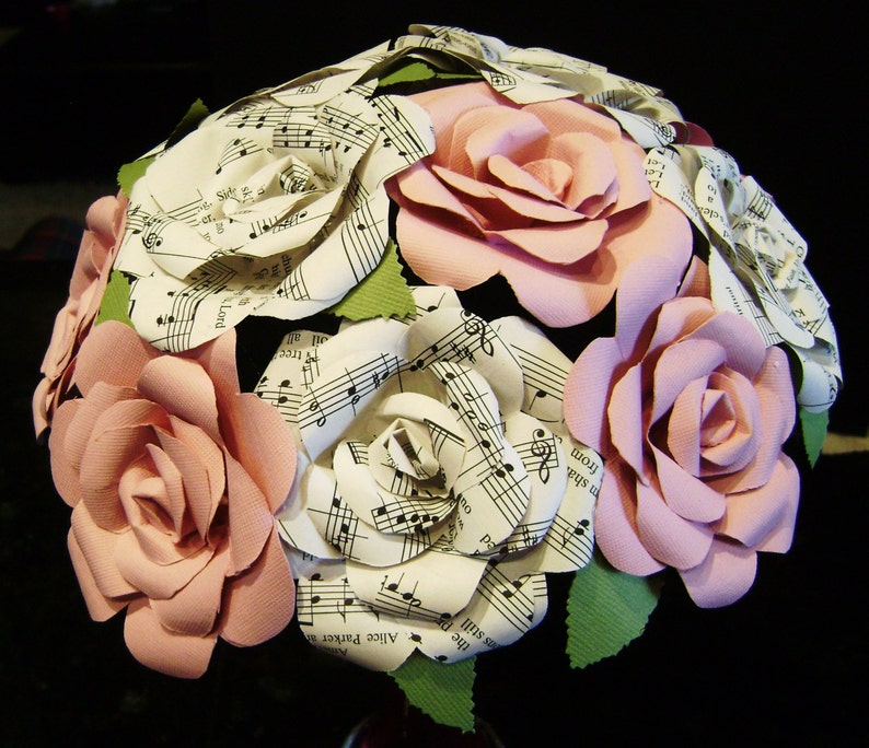 vintage sheet music hymnal roses and pink cardstock or any color roses bouquet for weddings, toss, rehearsal, bridesmaids, centerpiece rts image 2