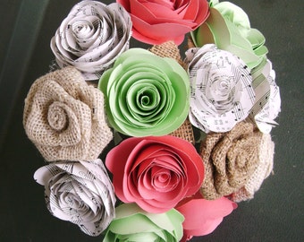hymnal sheet music spiral roses with burlap roses  colored paper roses for accent alternative bridal bouquet toss outdoor country rehearsal