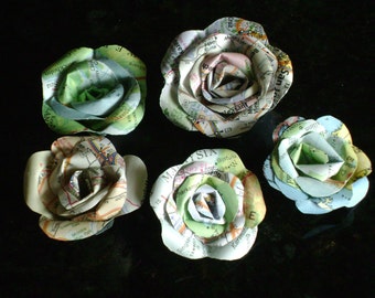 tiny mini map atlas recycled roses with flat backs for hair pins or scrapbook pages wedding decorations