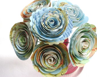 Tiny 1"-1 1/2" spiral roses made from vintage atlas maps on stems wedding decorations