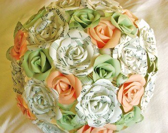 peach mint sheet music paper rose bridal bouquet recycled book page wedding bridesmaid toss alternative