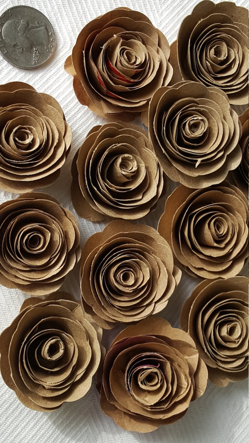 kraft paper spiral roses for scrapbooks, cards, weddings made from recycled paper bags image 2