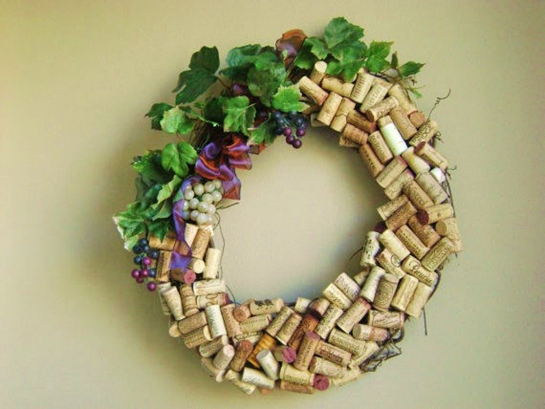 18 original recycled wine cork wreath Washington state and other PNW wineries silk leaves and fake grapes on grapevine wreath image 5