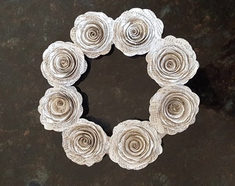 7 inch mini wreath with 8-9 of my 2" book page spiral roses recycled paper flowers