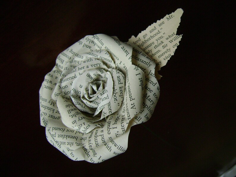 Jane Austen Pride and Prejudice vintage book paper flower rose with leaf on stem or any other of Jane Austen's books image 4