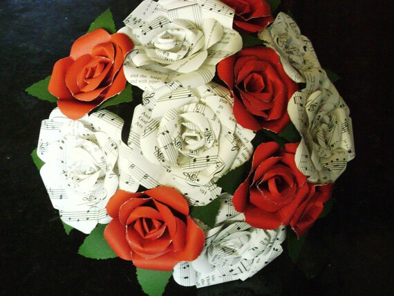 vintage sheet music hymnal roses and red cardstock roses bouquet for weddings, toss, rehearsal, Christmas, Valentines everlasting rts