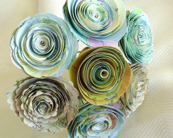 Vintage map 2 to 2 1/4" atlas spiral rolled  paper roses wedding bouquet destination wedding farmhouse country recyled flowers