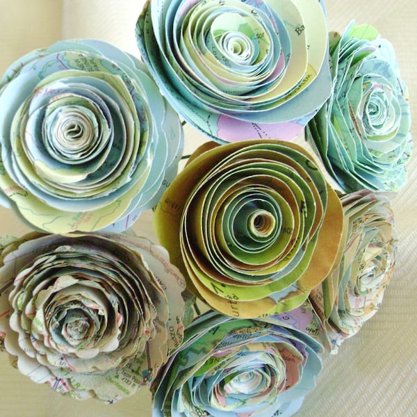 Vintage map 2 to 2 1/4" atlas spiral rolled  paper roses wedding bouquet destination wedding farmhouse country recyled flowers