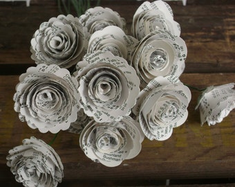 Mini 1" spiral roses from vintage atlas book index pages 12 paper flowers on stems