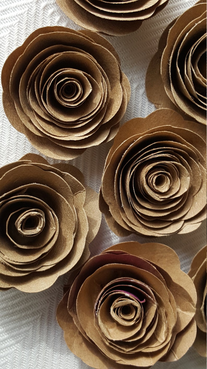 kraft paper spiral roses for scrapbooks, cards, weddings made from recycled paper bags image 3