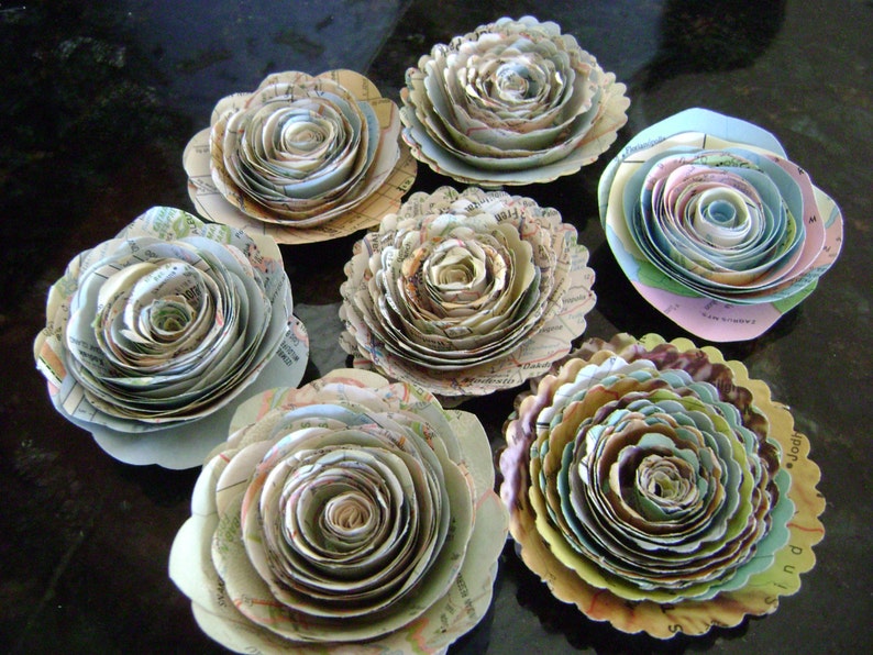 bulk map 50 spiral rolled roses from vintage atlas pages maps 1-1.5 inch or 2 2 1/4 no stems image 3