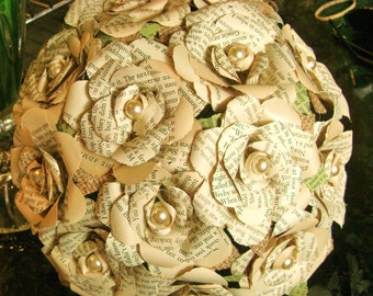 the Nikki book pages pearls vintage look bouquet with 12 roses and faux pearls burlap and green inked leaves