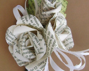 bridal party corsage made from vintage book page roses and buds