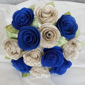 alternative paper flower cabbage roses bouquet recycled  hymnal music book pages blue farmhouse bride bridesmaid centerpiece Seahawks decor