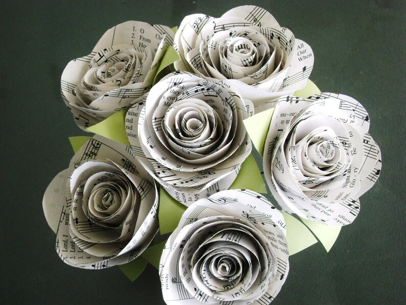 The Stephanie Jr hymnal sheet music bouquet with 3 spiral cabbage roses and leaves image 1