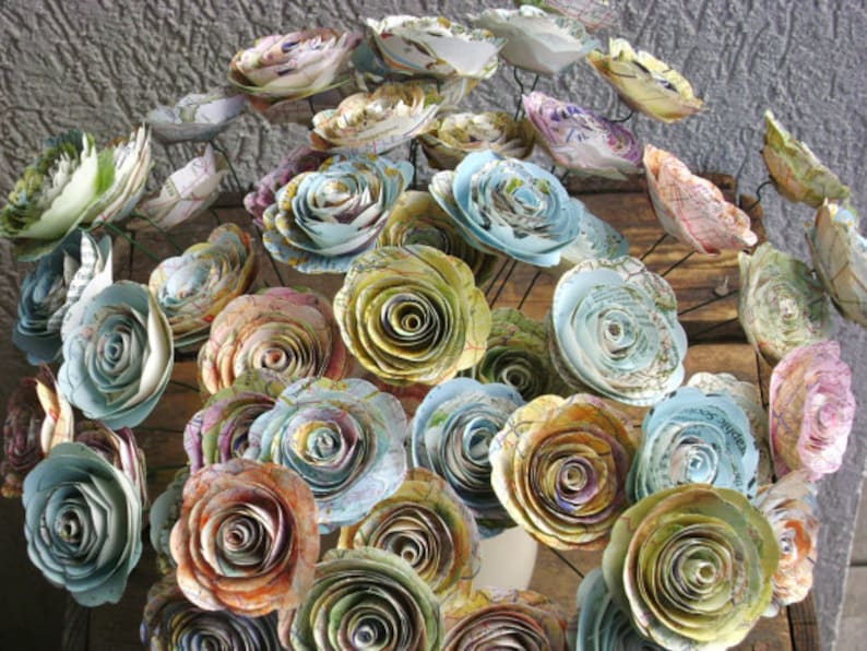 bulk map 50 spiral rolled roses from vintage atlas pages maps 1-1.5 inch or 2 2 1/4 no stems image 5