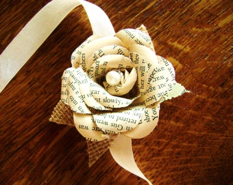 wrist corsage made from vintage book pages recycled alternative wedding prom formal pearl center