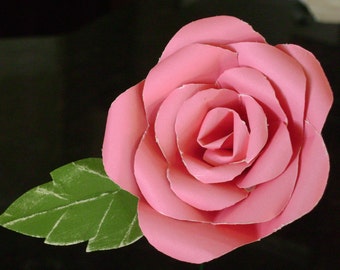 Long stemmed single hot pink paper rose with green leaf  made from cardstock