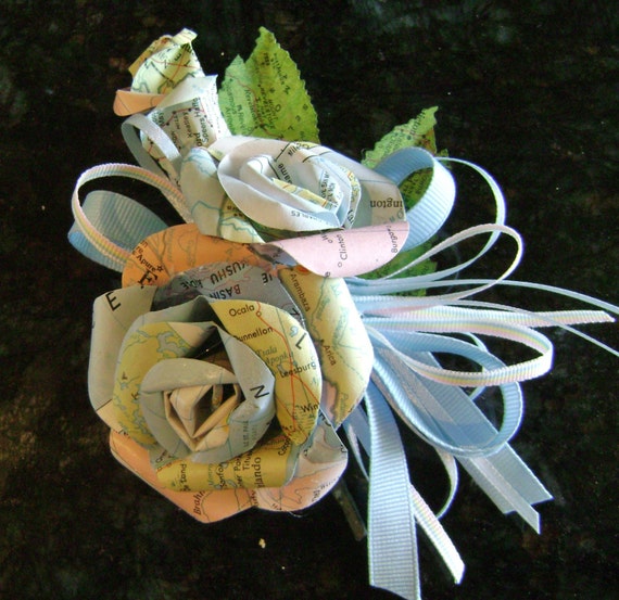 the Elodie model map atlas mint green paper roses and pearls and lace bridal bouquet