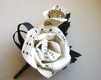 sheet music hymnal paper rose wedding men's boutonniere buttonhole with black leaves and black ribbons recycled book