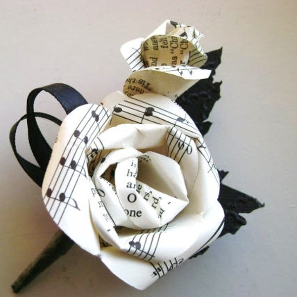 sheet music hymnal paper rose wedding men's boutonniere buttonhole with black leaves and black ribbons recycled book