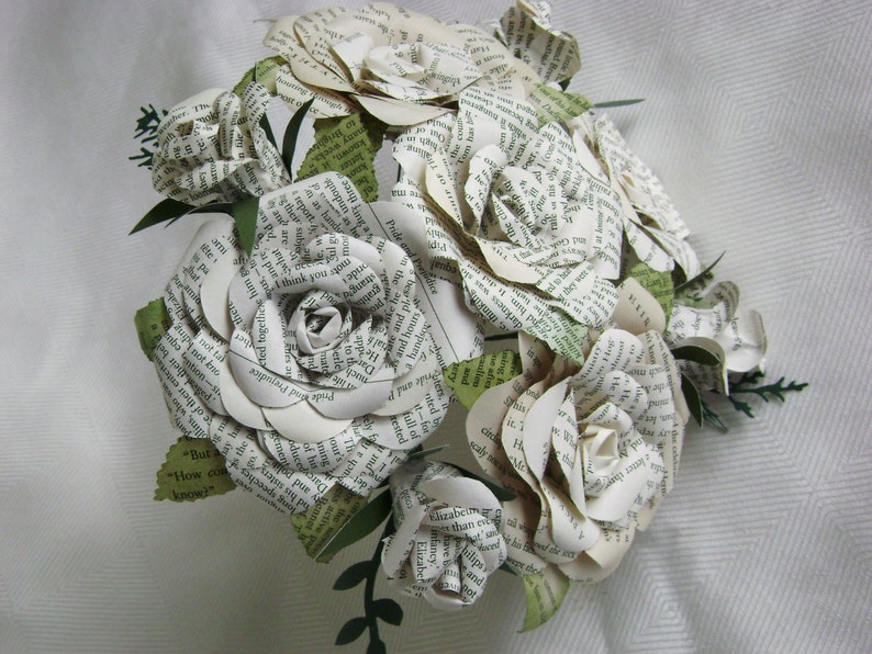 buds and blooms book page bouquet with leaves wedding bride bridesmaid toss centerpiece recycled paper flowers image 4