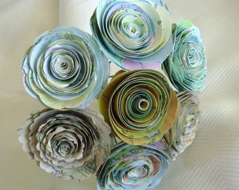 vintage atlas map spiral 1.5"-1.75" rolled rose paper flower bouquet for weddings and vases