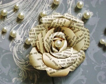 recycled vintage book page paper rose boutonniere buttonhole with pearl center flower for groom wedding