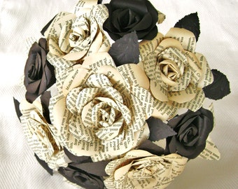 Black and white book page recycled alternative paper rose bridal bouquet bridesmaid toss rehearsal