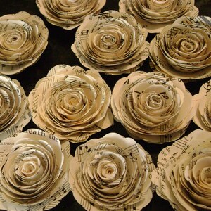 Set of 12 2 inch vintage sheet music hymnal pages spiral rolled paper roses stemless flowers for wedding bouquets and decorations image 4