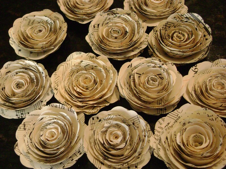 Set of 12 2 inch vintage sheet music hymnal pages spiral rolled paper roses stemless flowers for wedding bouquets and decorations image 4