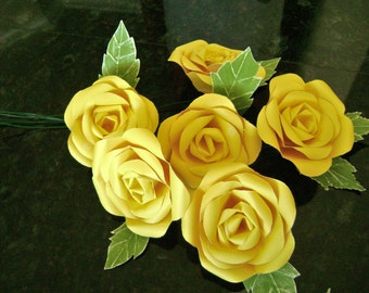 paper flower roses bouquet handmade with yellow cardstock and green leaves bunch of 6 stems