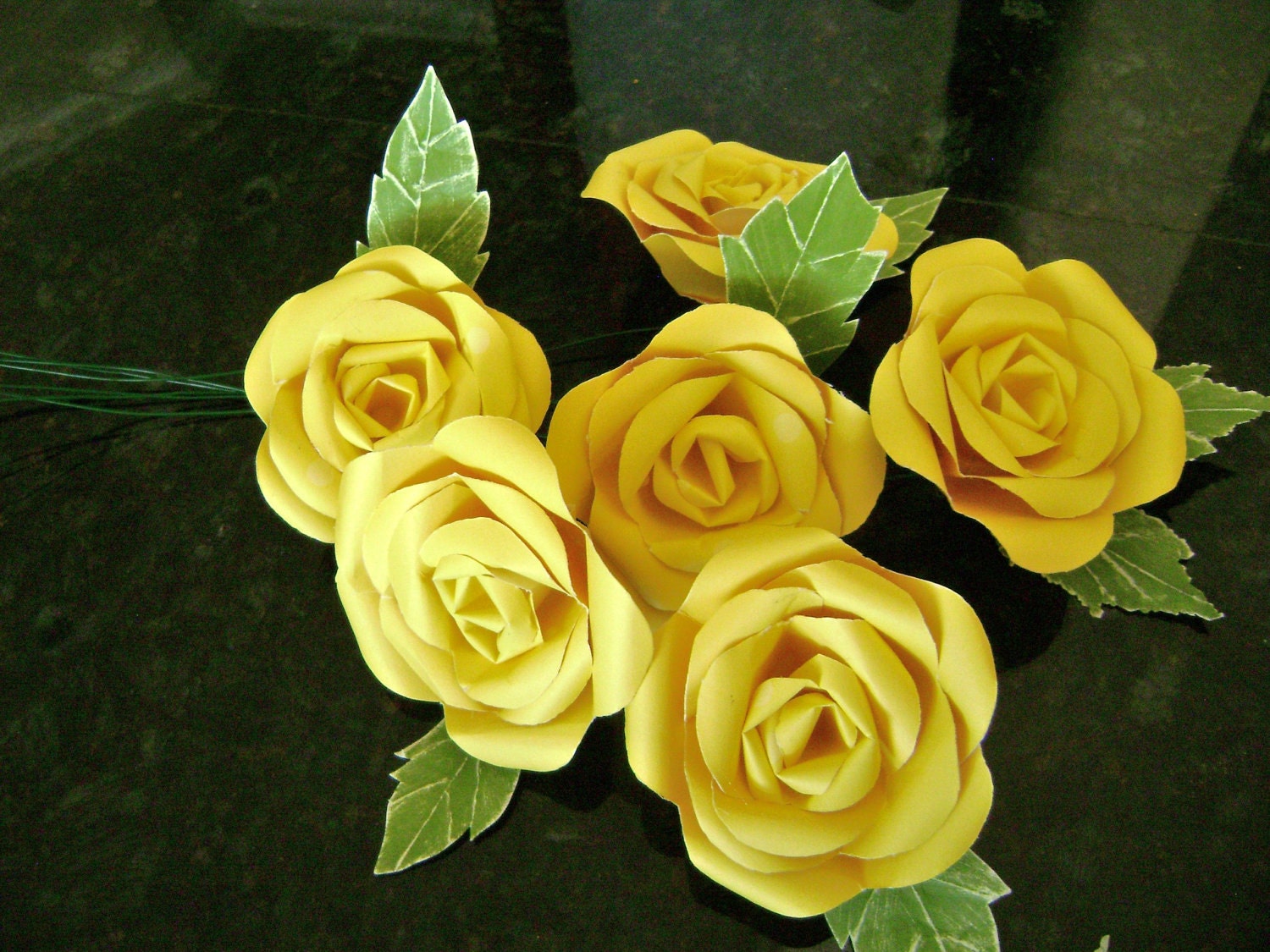 paper flower roses bouquet handmade with yellow cardstock and green leaves bunch of 6 stems