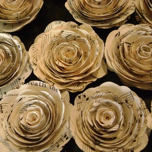 Set of 12 2 inch vintage sheet music hymnal pages spiral rolled paper roses stemless flowers for wedding bouquets and decorations image 2