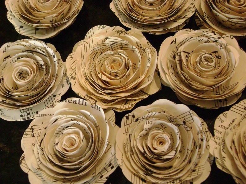 Set of 12 2 inch vintage sheet music hymnal pages spiral rolled paper roses stemless flowers for wedding bouquets and decorations image 2