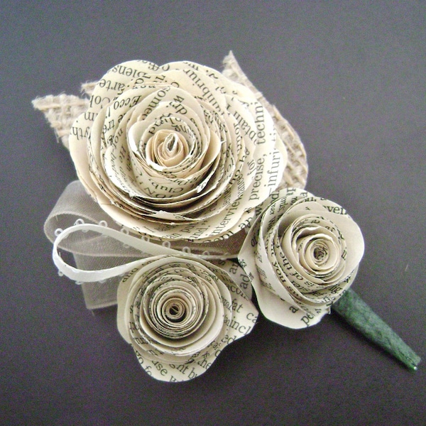 Spiral rose boutonniere buttonhole for groom or corsage vintage book paper with burlap leaf for farmhouse country wedding