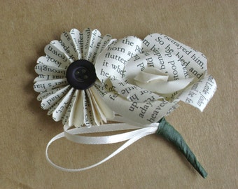 pinwheel book page accordion fan folded paper rose boutonniere buttonhole recycled brooch pin