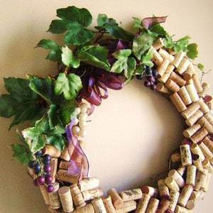 18 original recycled wine cork wreath Washington state and other PNW wineries silk leaves and fake grapes on grapevine wreath image 2