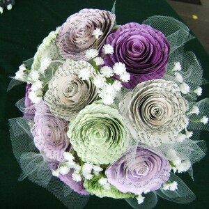 The Ainslee 2&quot; spiral book page tulle lavender purple mint babys breath 8-9 inch bride bridesmaid alternative recycled toss wedding bouquet