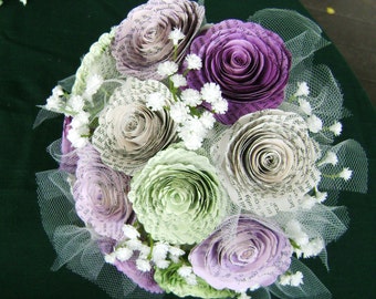 The Ainslee 2" spiral book page tulle lavender purple mint babys breath 8-9 inch bride bridesmaid alternative recycled toss wedding bouquet