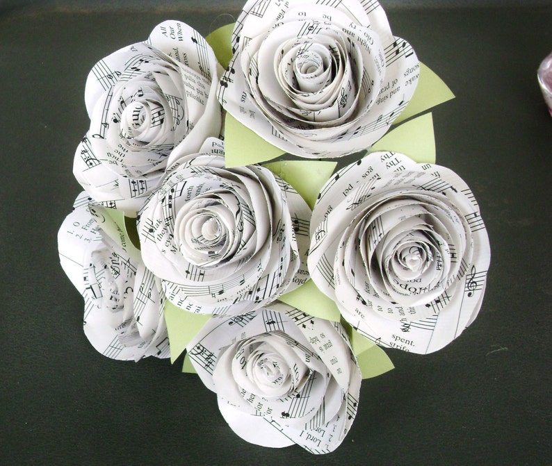 The Stephanie Jr hymnal sheet music bouquet with 3 spiral cabbage roses and leaves image 3